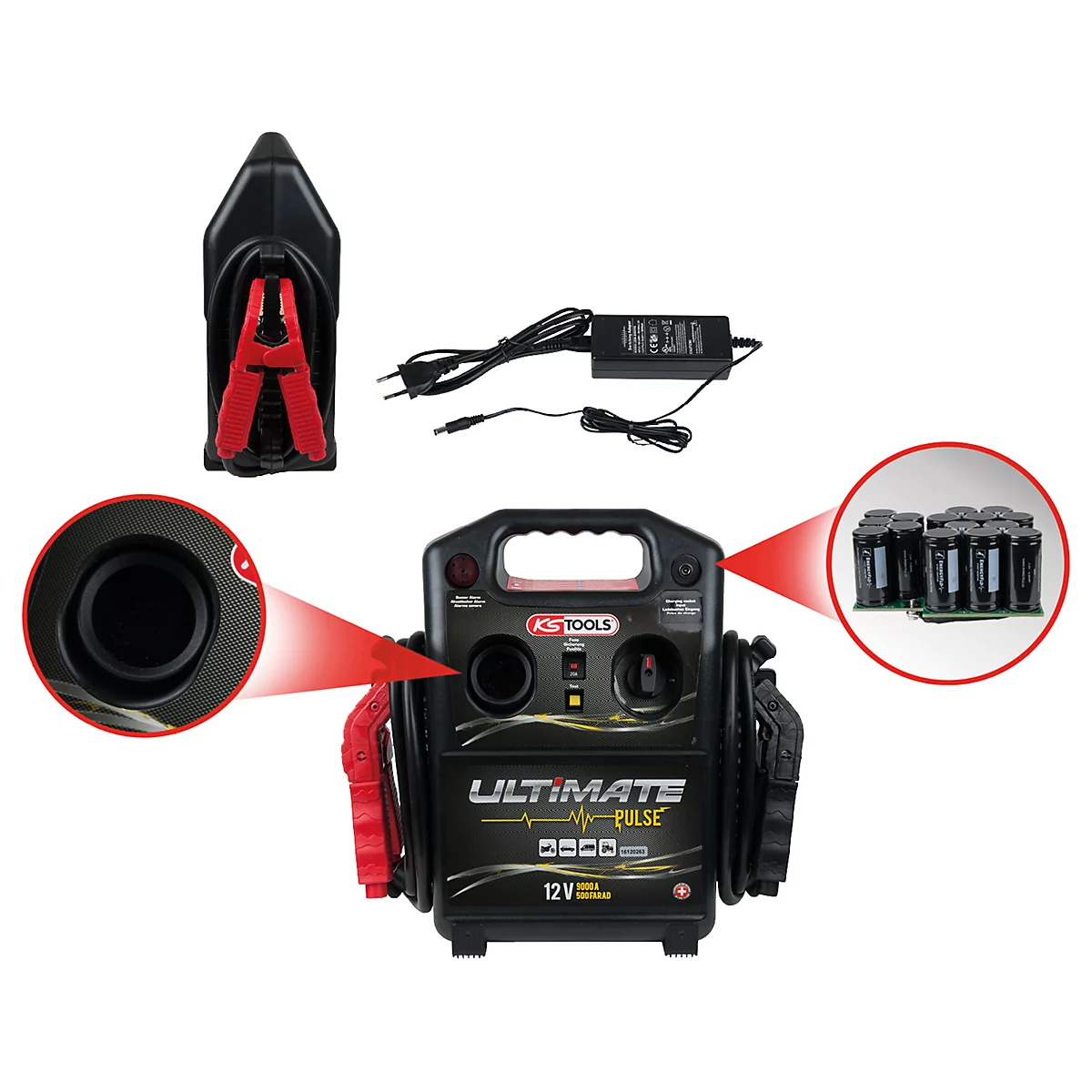 Schwarzes Starthilfegerät mit roter Klemme, Netzkabel und Detailansichten der Komponenten. "ULTIMATE PULSE" und "12 V" sind erkennbar.